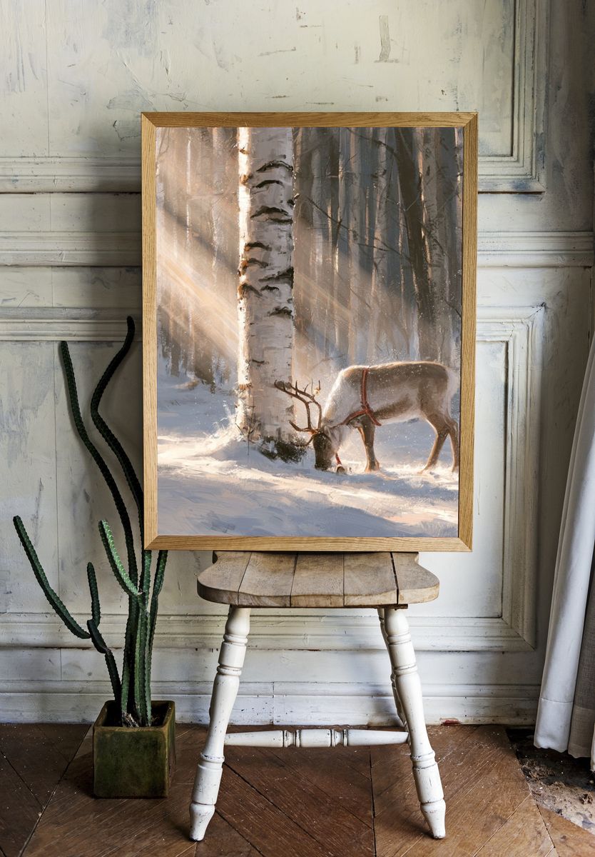 Reindeer in Winter Forest Poster. — room view 1