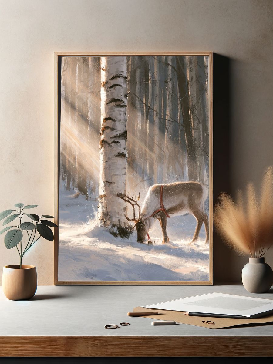 Reindeer in Winter Forest Poster. — room view 2