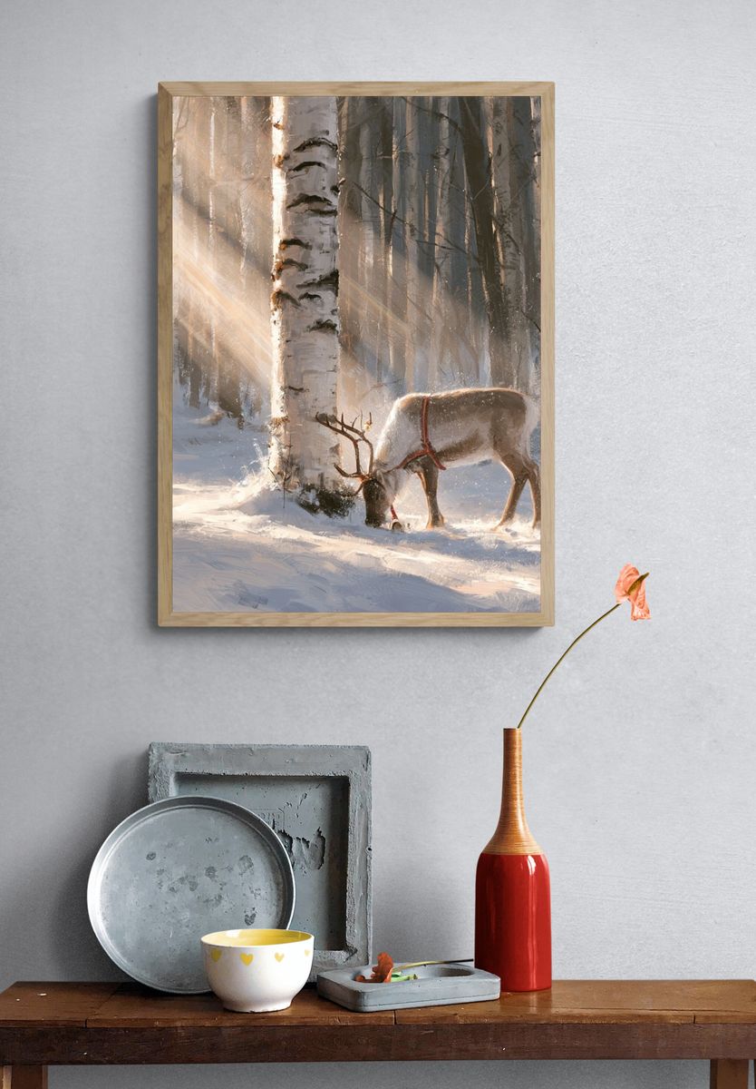 Reindeer in Winter Forest Poster. — room view 3