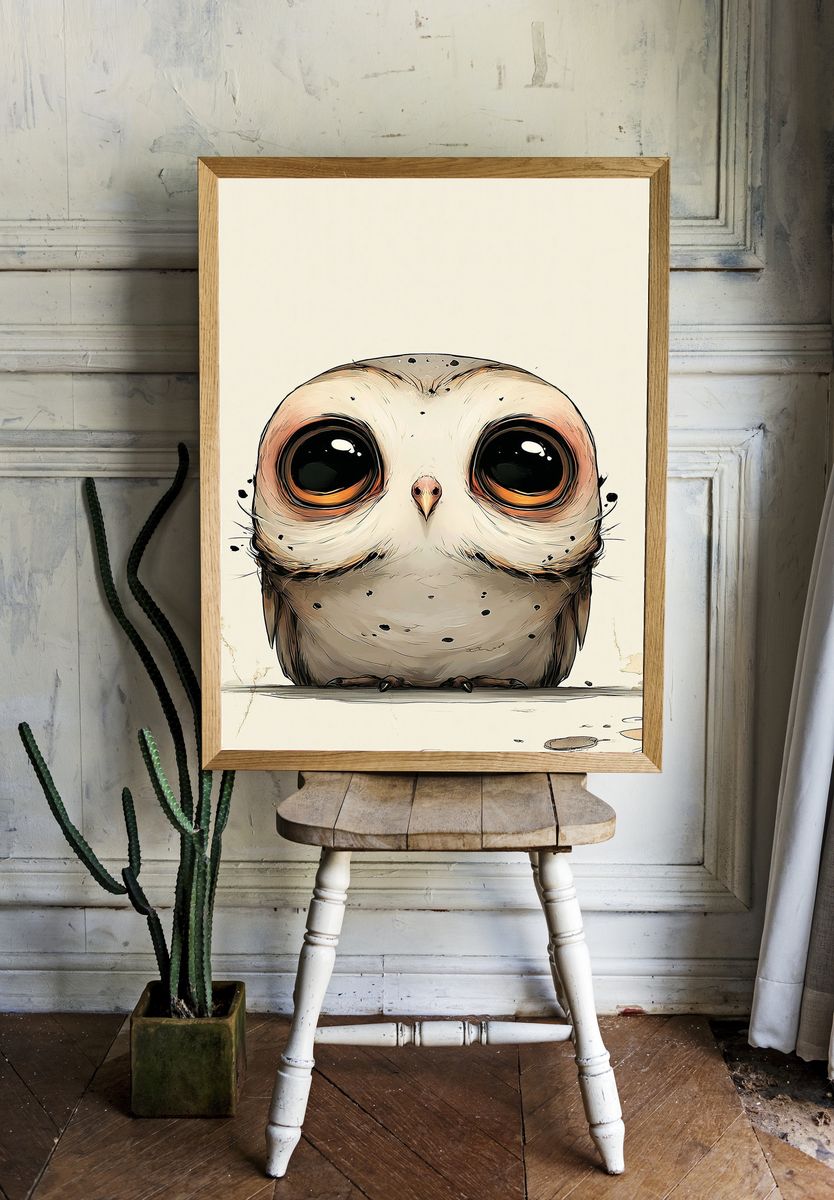 Wide-Eyed Owl Illustration Poster. room preview