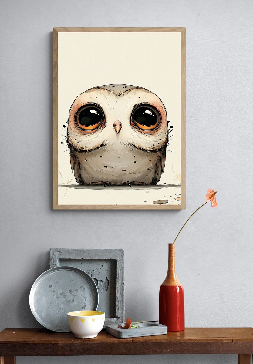 Wide-Eyed Owl Illustration Poster. — room view 3