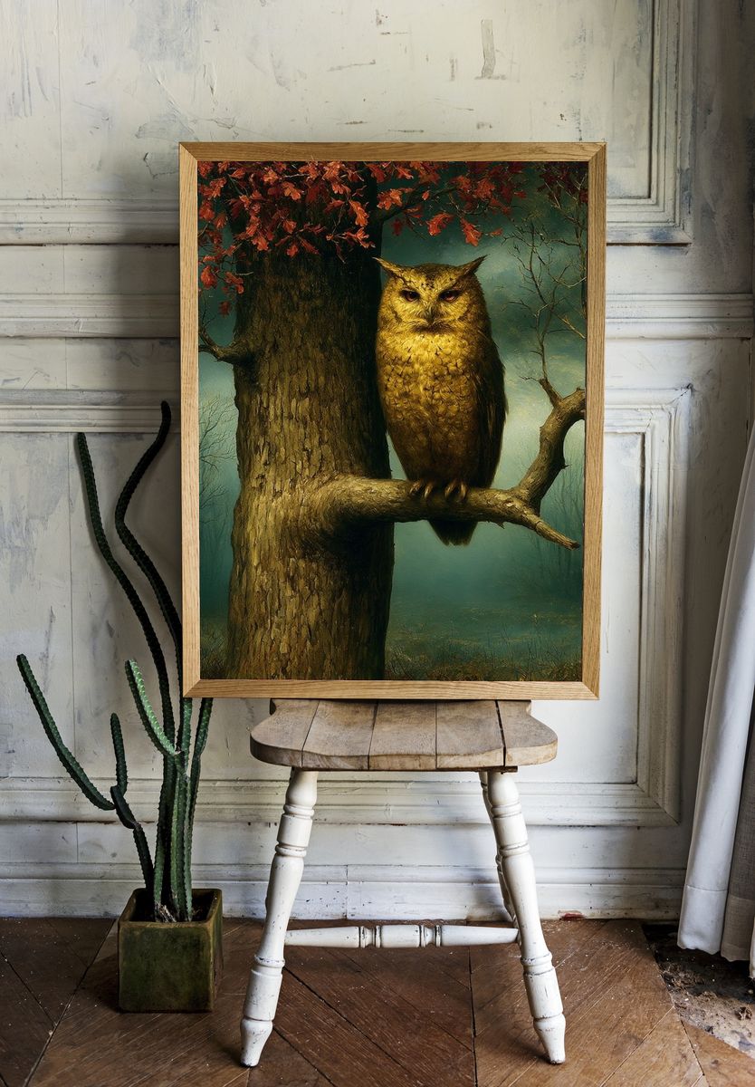 Owl in Autumn Forest Illustration Poster. — room view 1