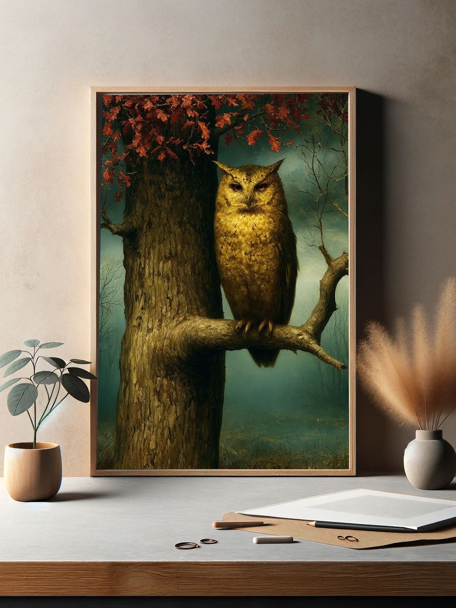Owl in Autumn Forest Illustration Poster. — room view 2