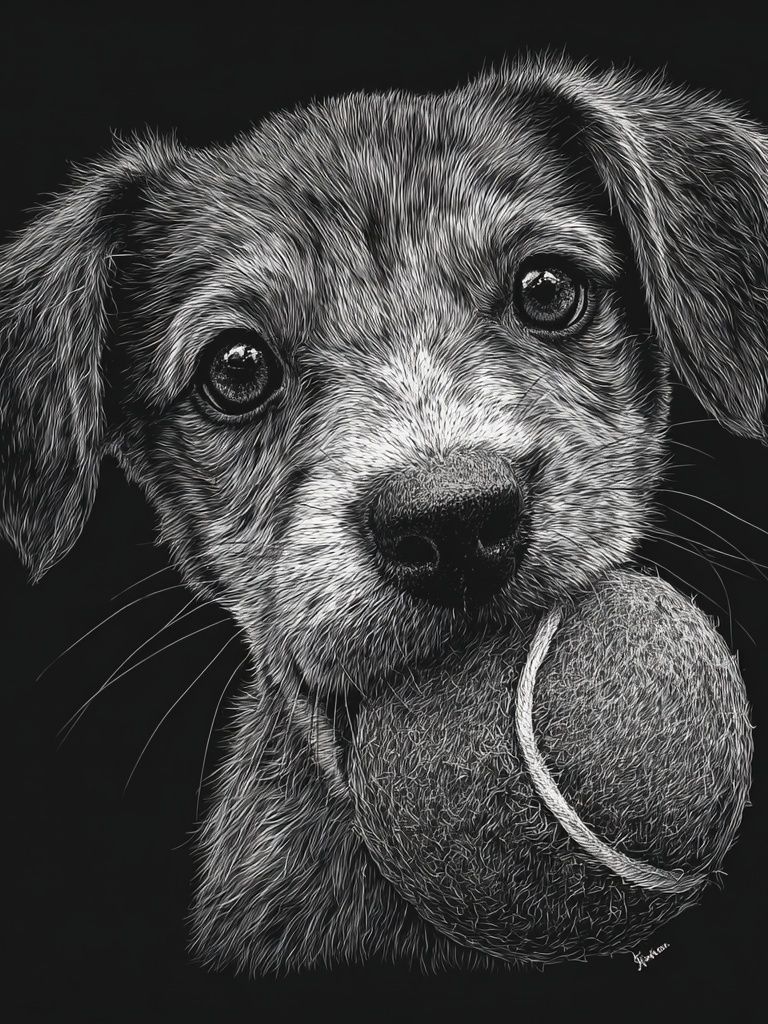 Puppy with Tennis Ball Illustration Poster. poster — animals art