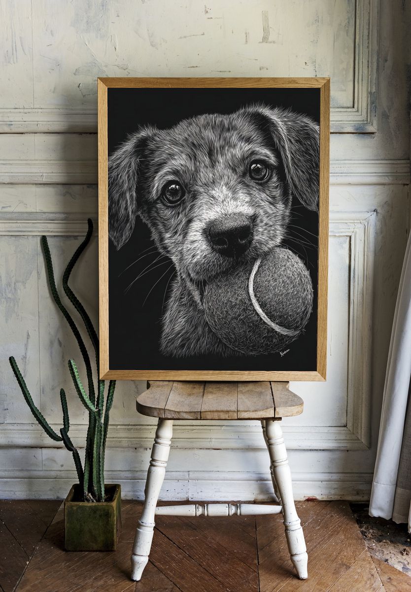 Puppy with Tennis Ball Illustration Poster room preview