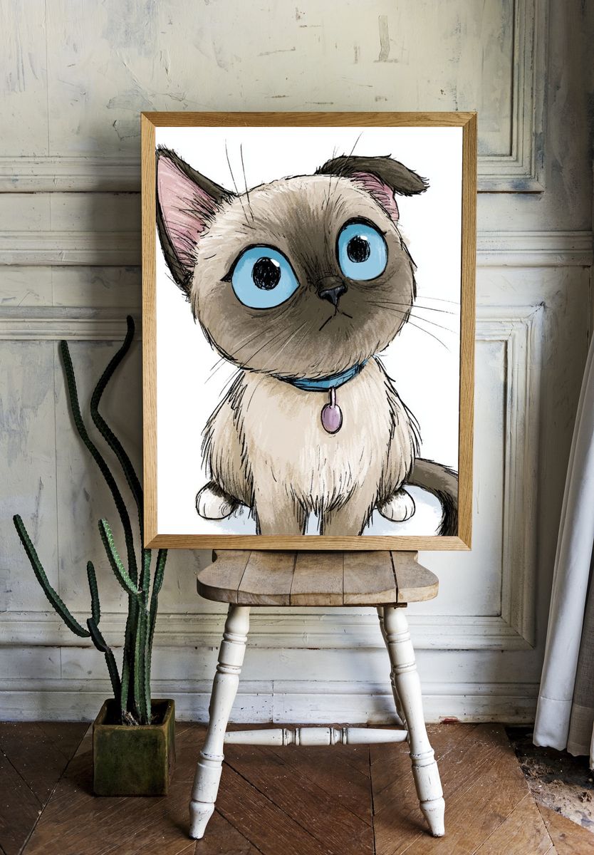 Cute Siamese Cat Illustration Poster. — room view 1