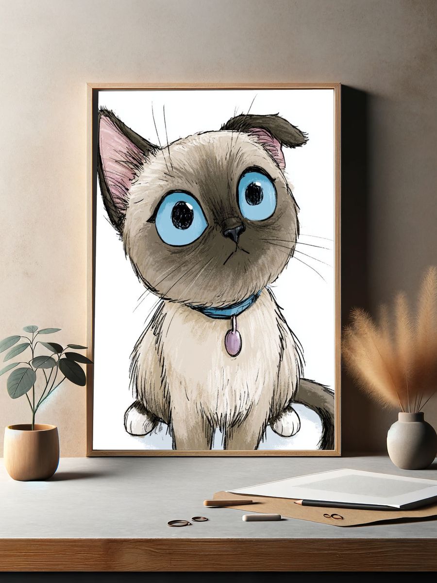 Cute Siamese Cat Illustration Poster. — room view 2