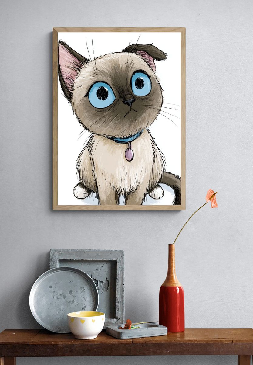 Cute Siamese Cat Illustration Poster. — room view 3