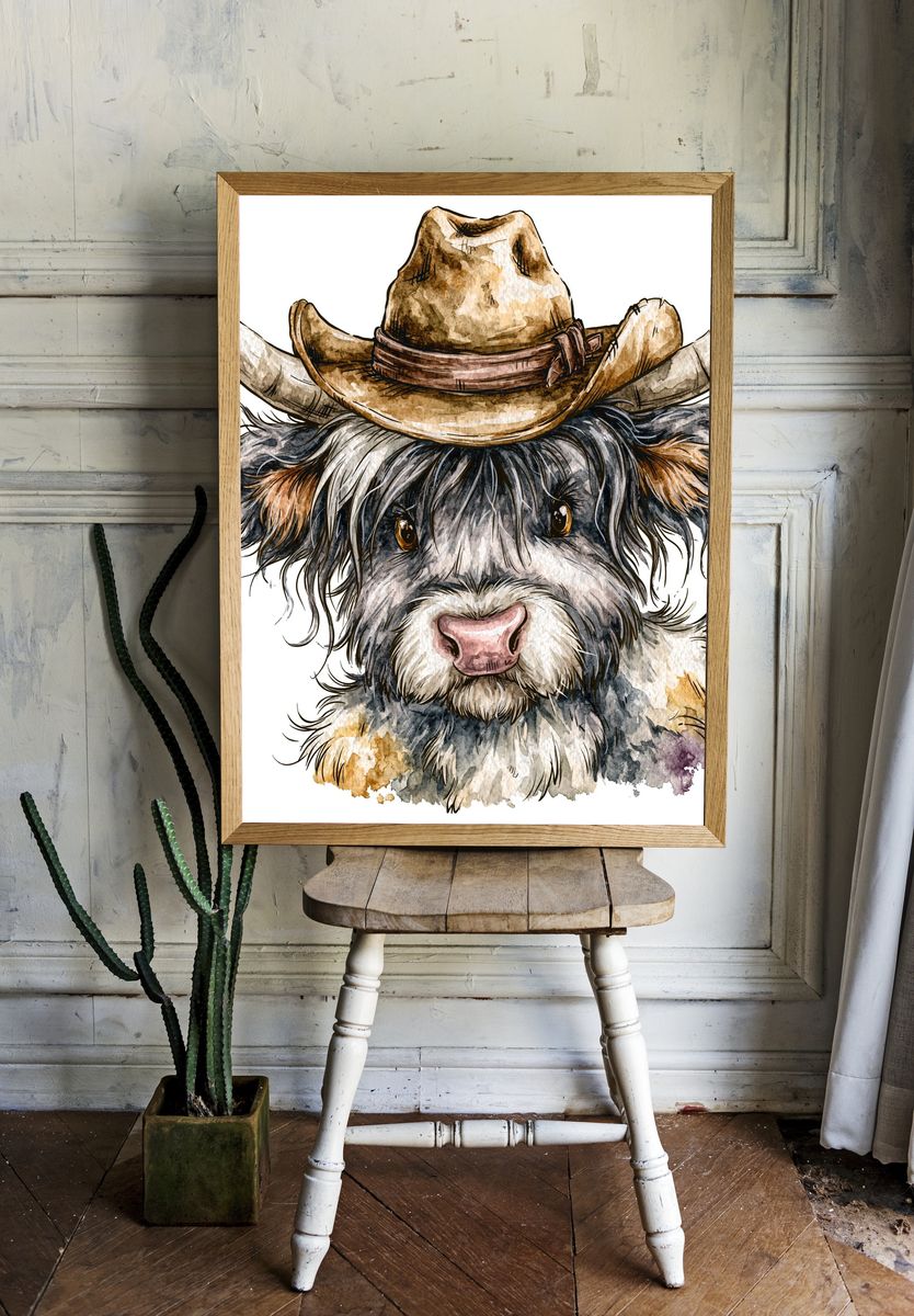 Cowboy Highland Cow Watercolor Poster. — room view 1
