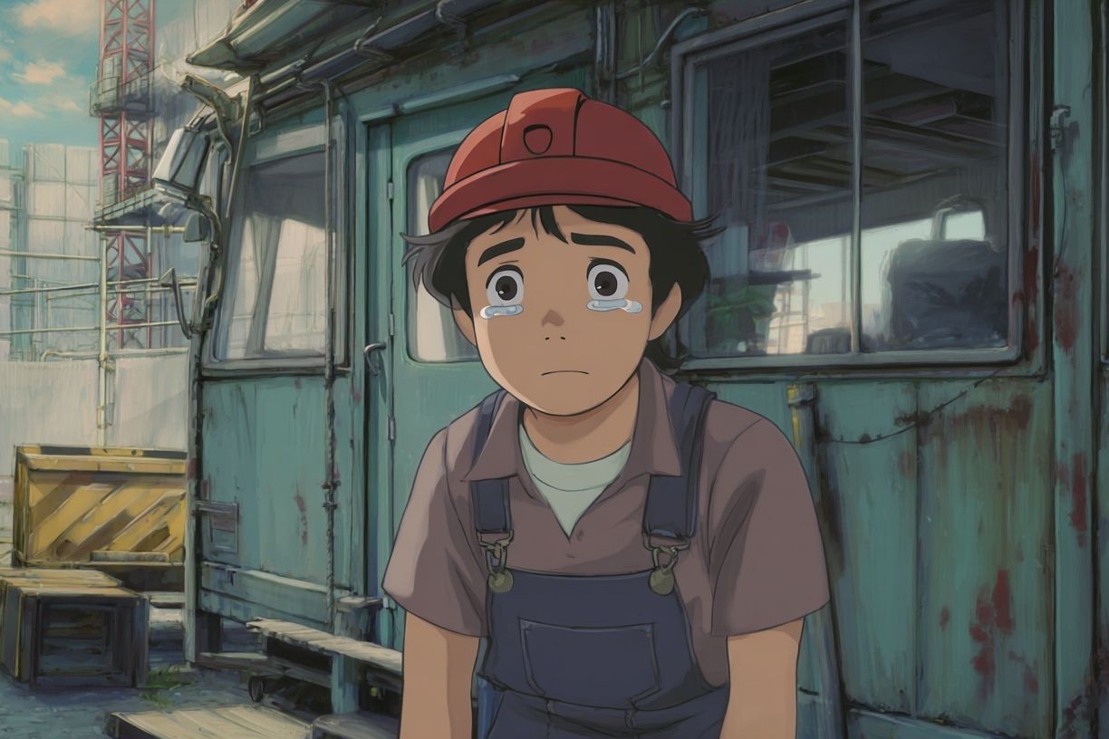 Crying Boy at the Worksite Poster. poster detail
