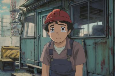 Crying Boy at the Worksite Poster. poster print