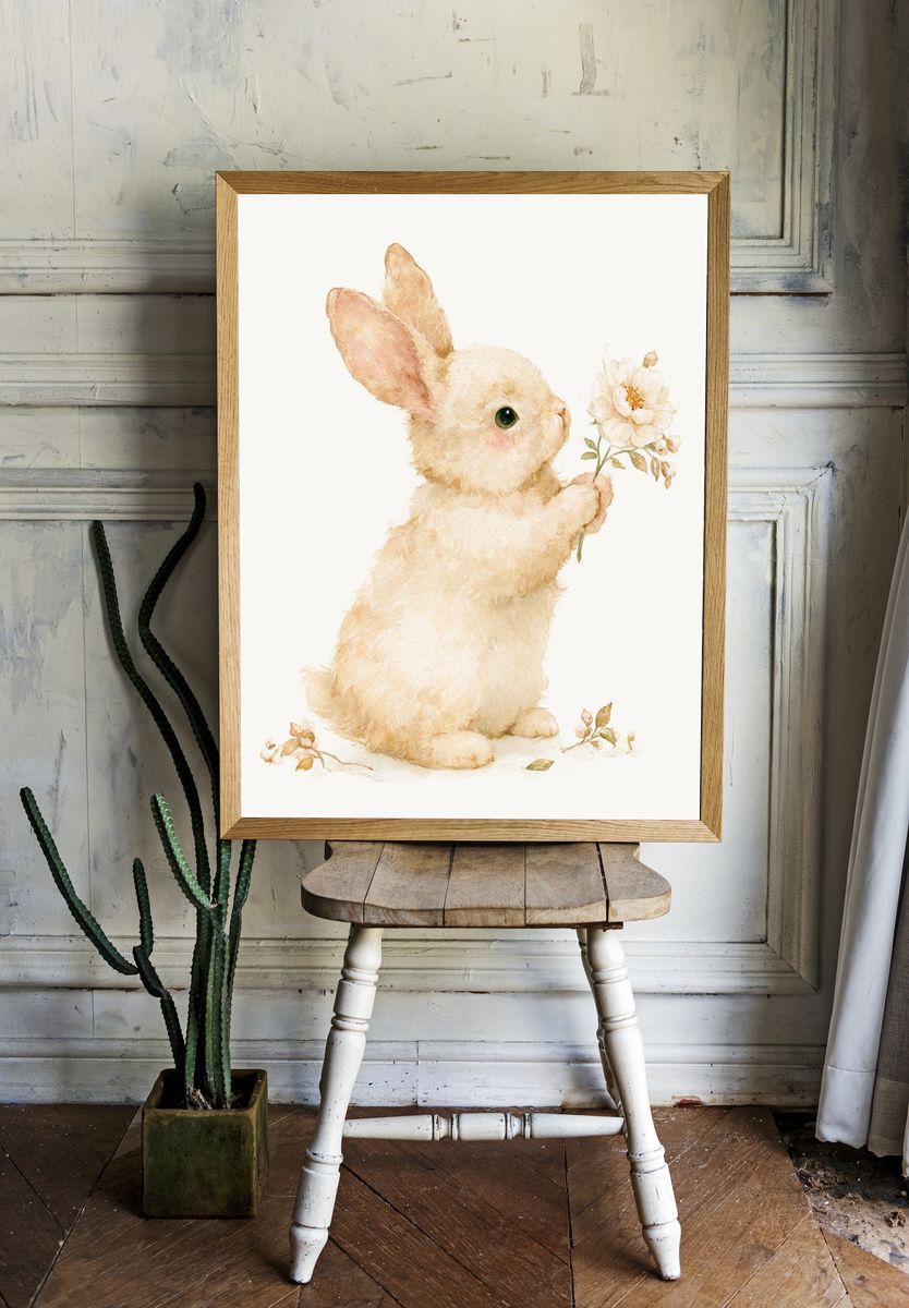Bunny with Flower Watercolor Poster. — room view 1