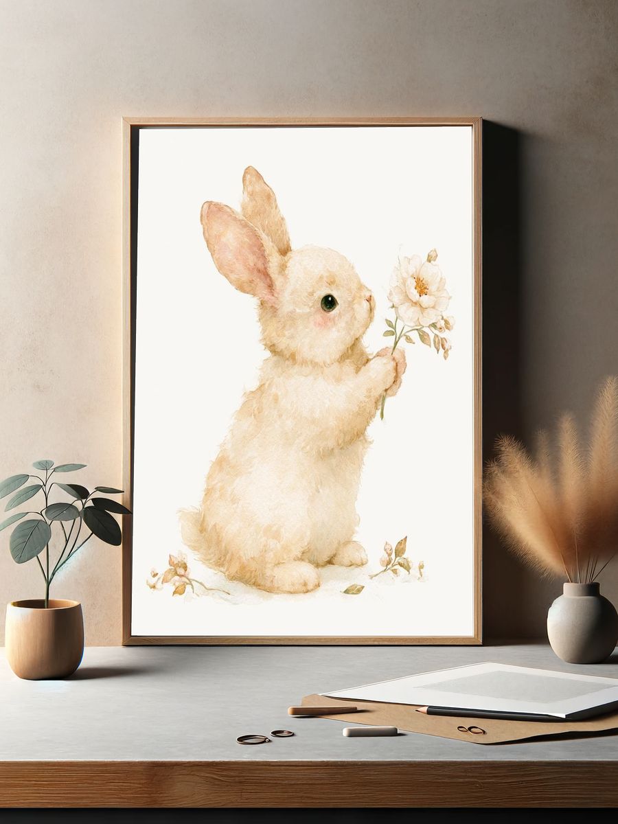 Bunny with Flower Watercolor Poster. — room view 2