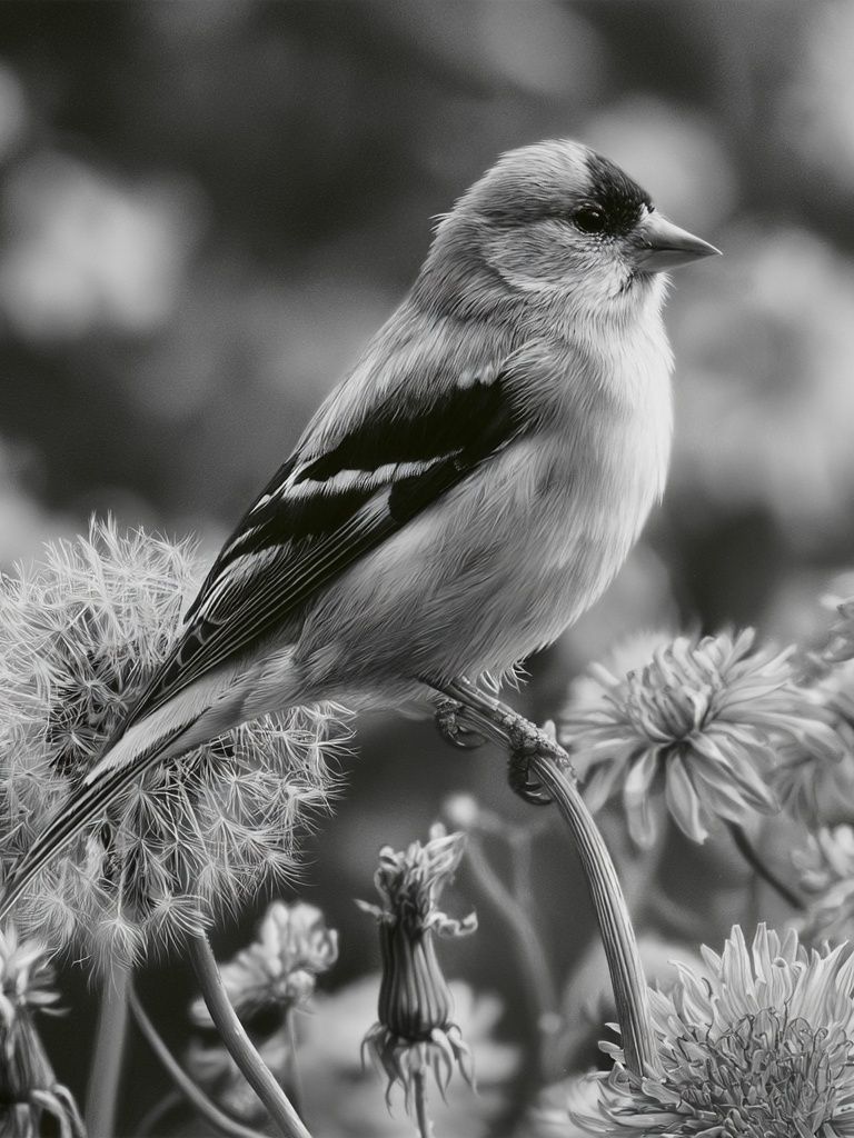 Songbird in Bloom Black-White Print. poster — animals art