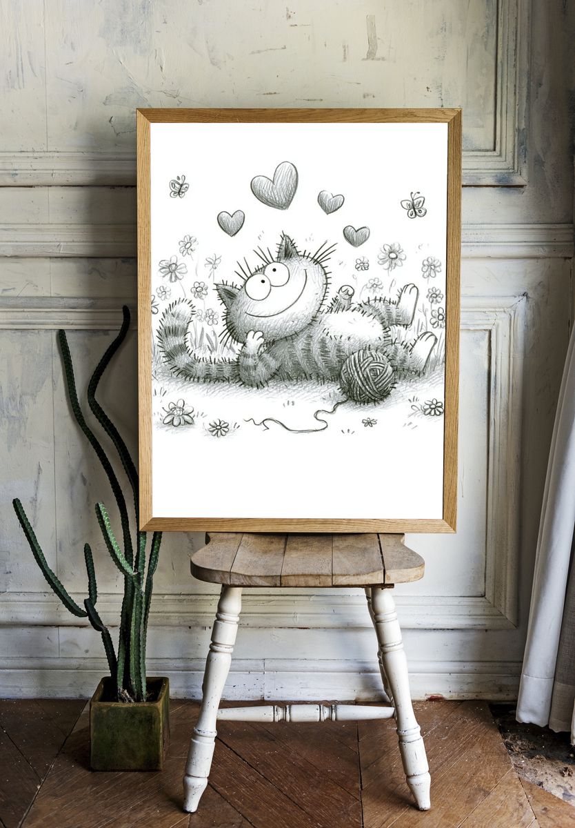 Playful Cat and Hearts Illustration Poster. — room view 1