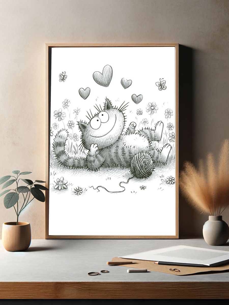 Playful Cat and Hearts Illustration Poster. — room view 2