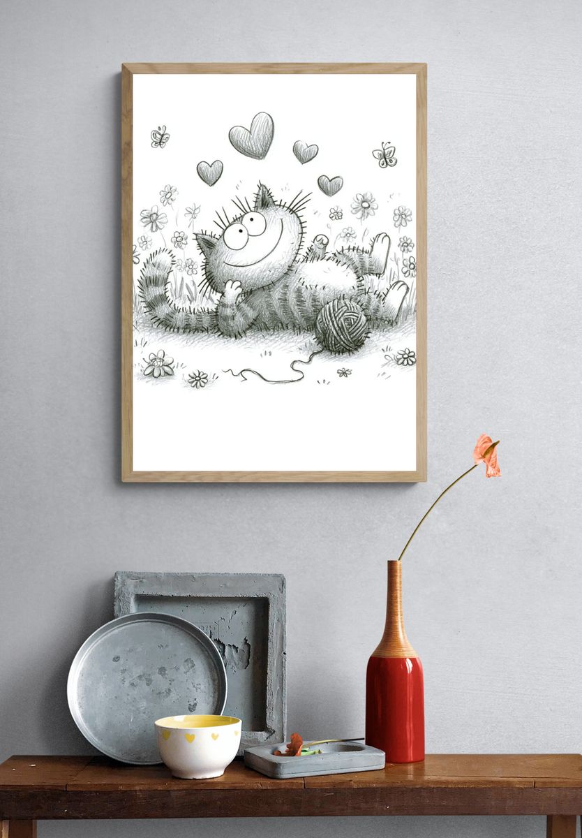 Playful Cat and Hearts Illustration Poster. — room view 3