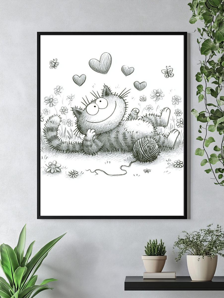 Playful Cat and Hearts Illustration Poster. — room view 4