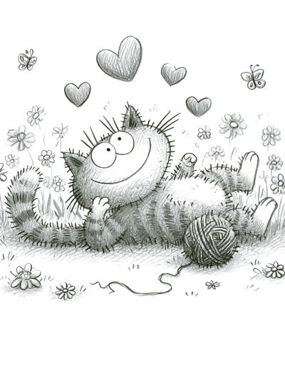 Playful Cat and Hearts Illustration Poster. poster
