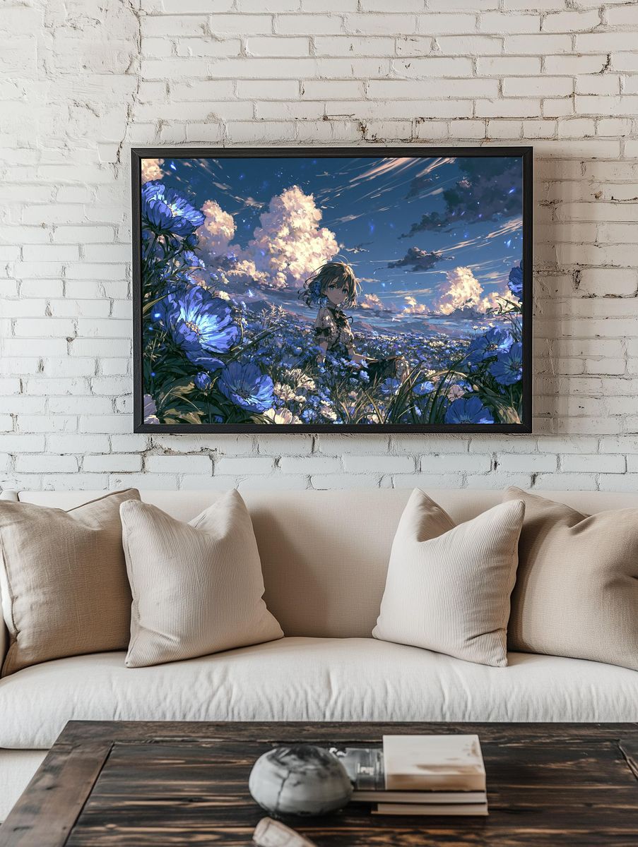 Blue Flower Field Anime Poster. room preview