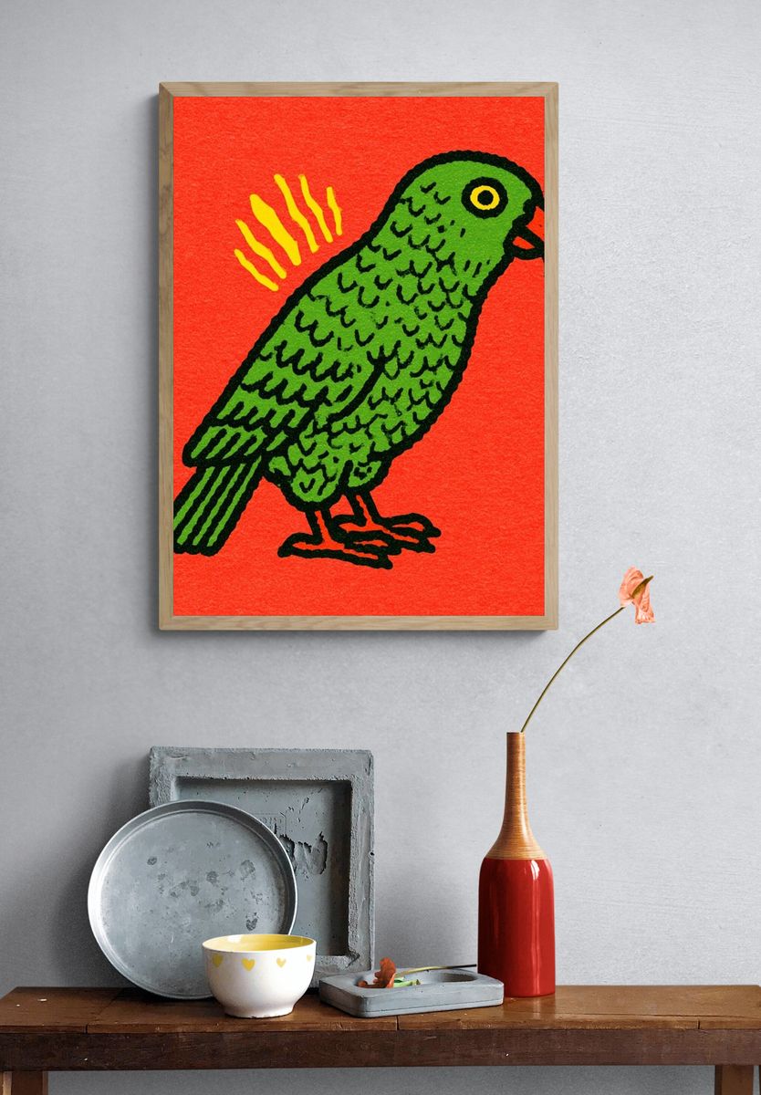 Green Parrot Illustration Poster. — room view 3