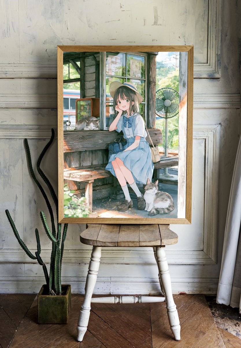 Girl and Cats Summer Anime Poster. — room view 1