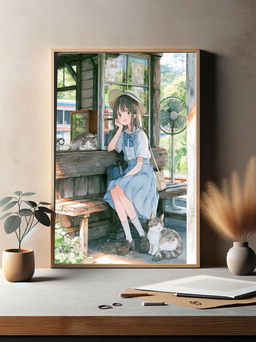 Girl and Cats Summer Anime Poster. — room view 2