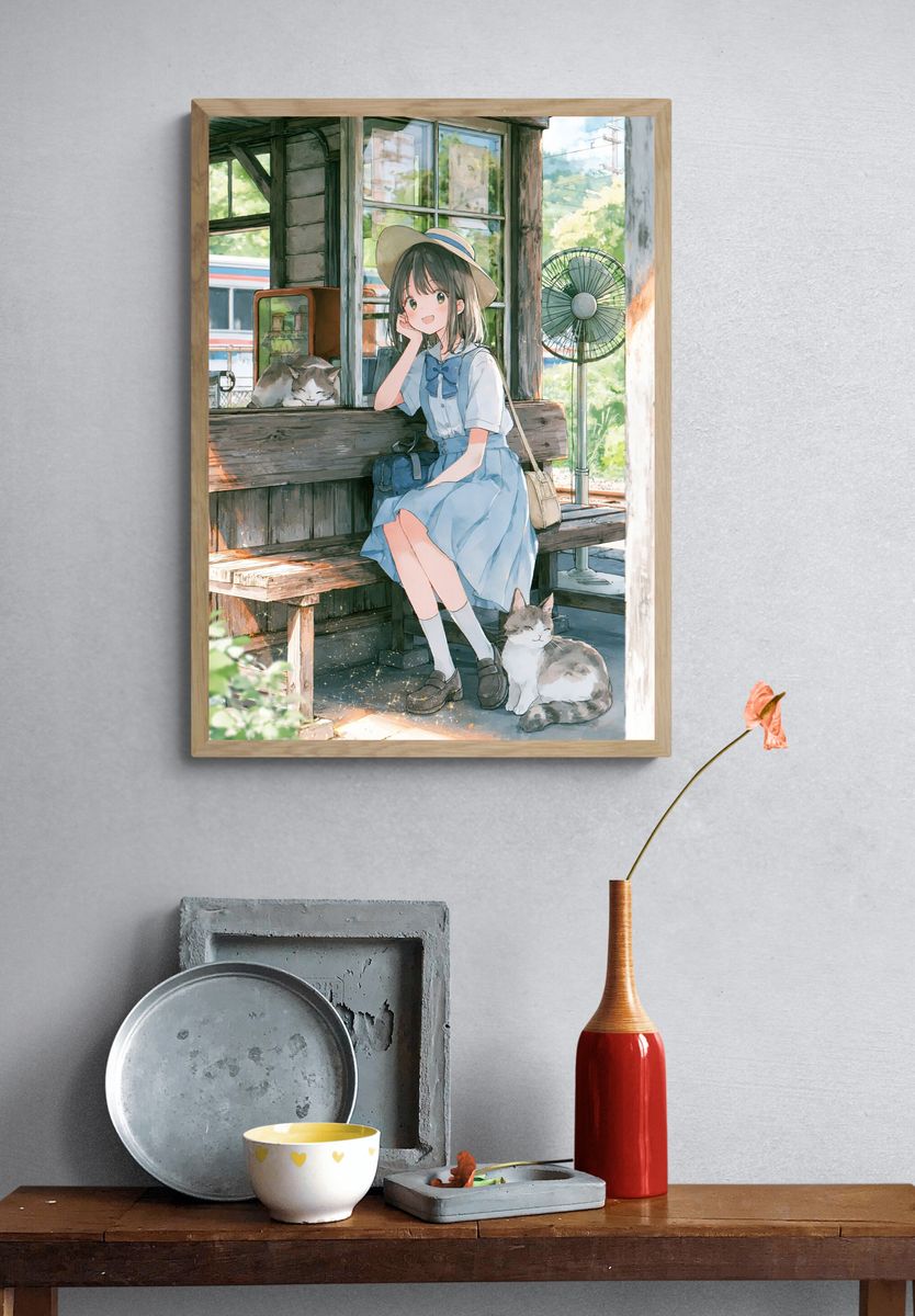Girl and Cats Summer Anime Poster. — room view 3
