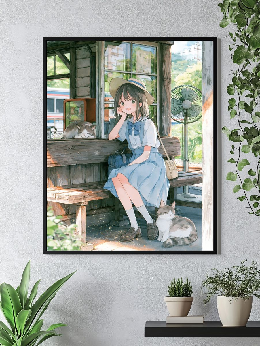 Girl and Cats Summer Anime Poster. — room view 4
