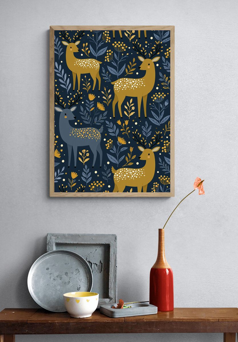 Golden Deer Botanical Pattern Poster. — room view 3