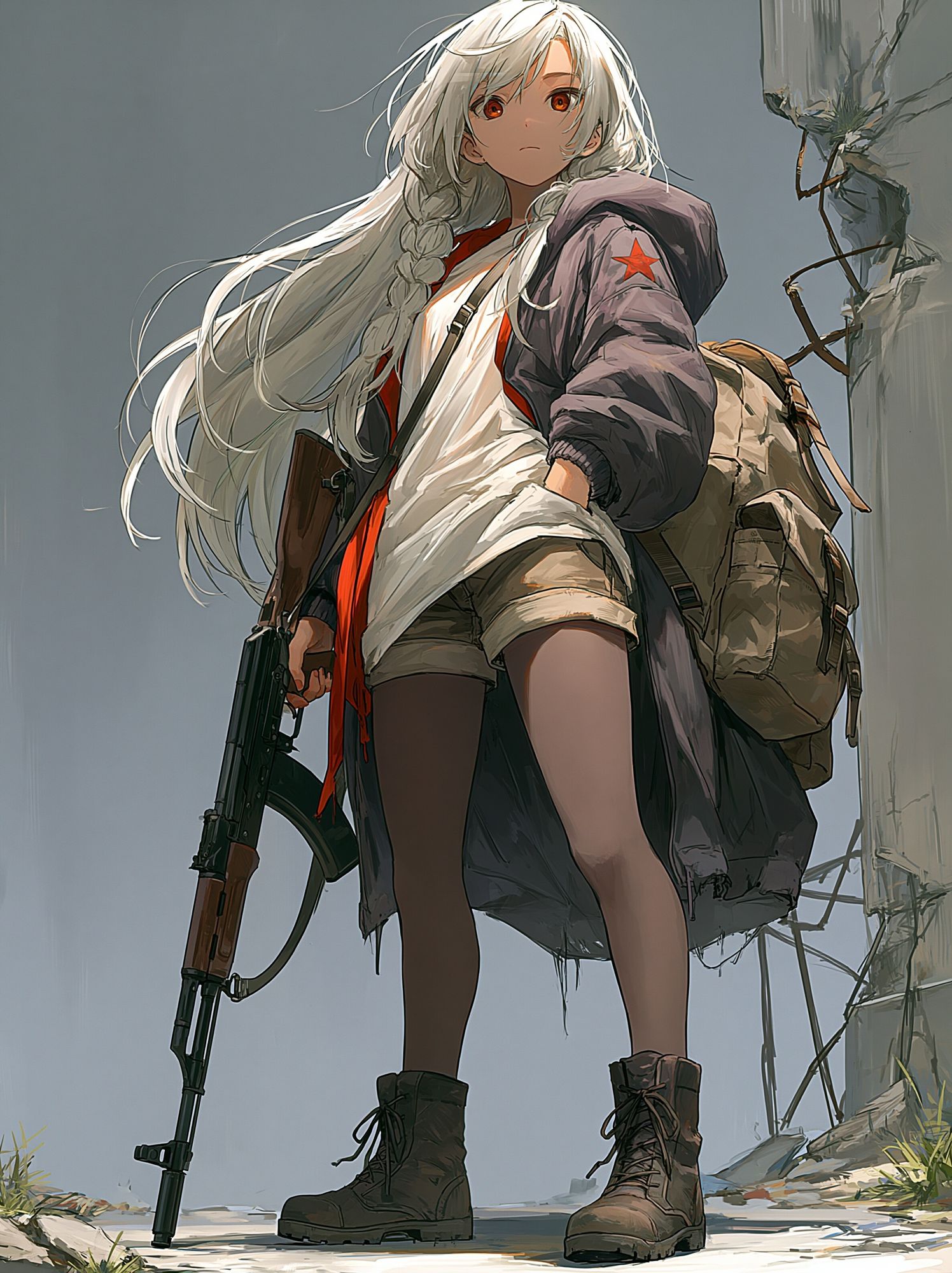 White-Haired Anime Warrior Poster. poster detail