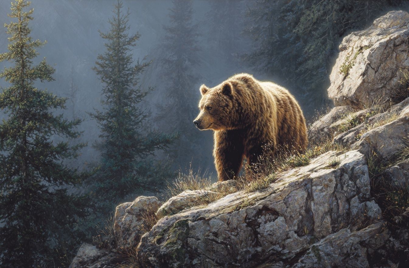 Grizzly Bear on Rocky Cliff Print. poster detail