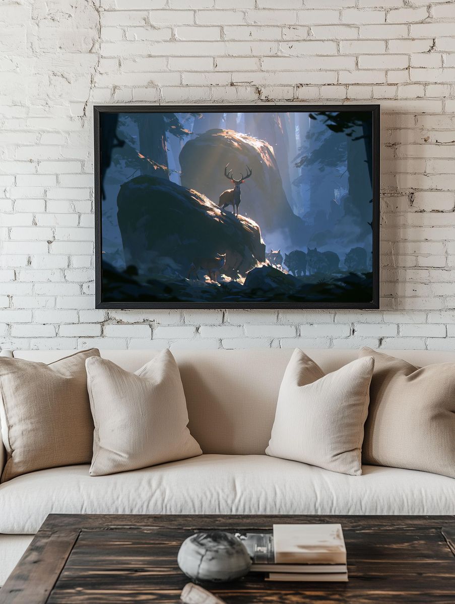 Deer in Misty Forest Illustration Poster. — room view 1