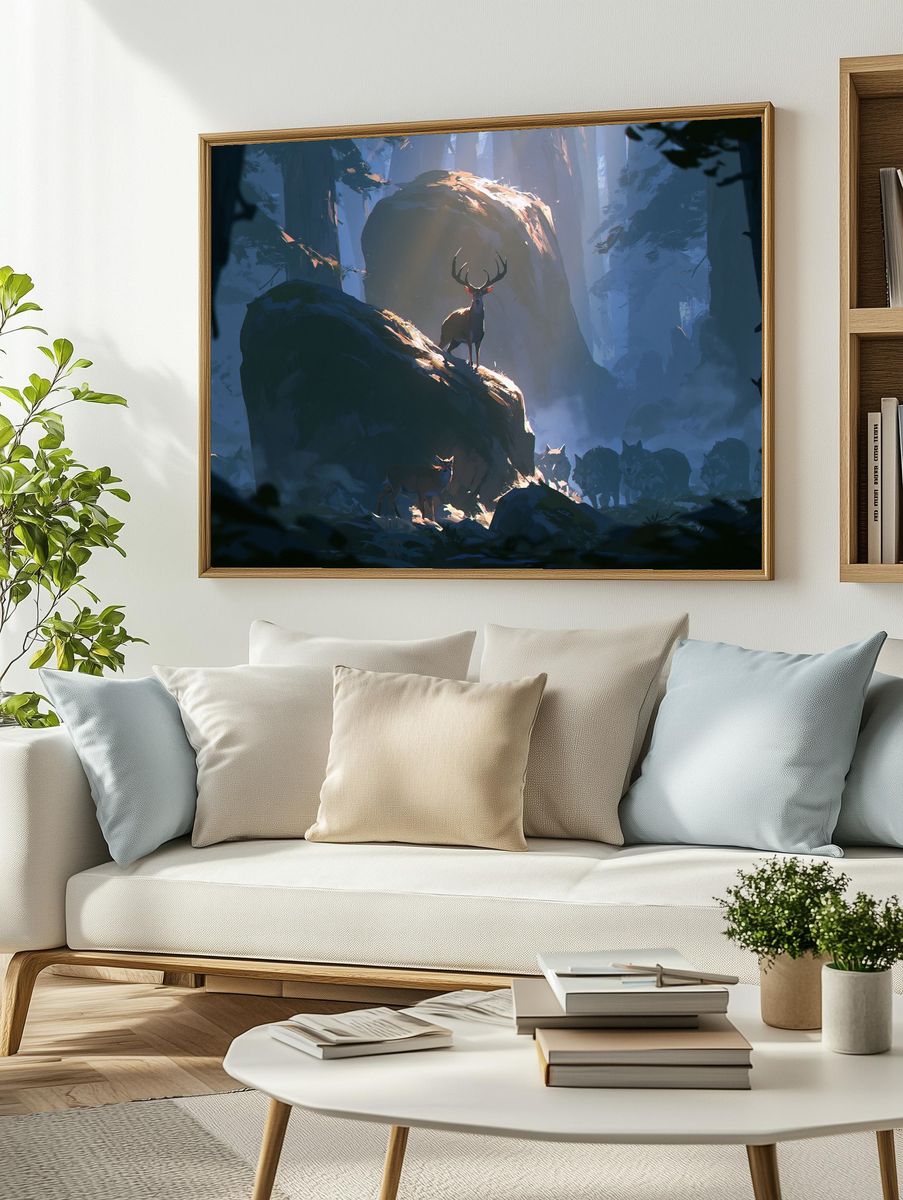 Deer in Misty Forest Illustration Poster. — room view 2