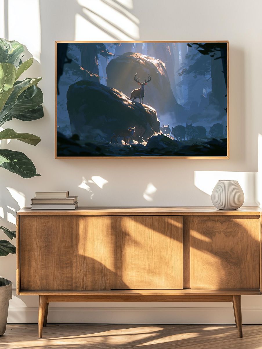 Deer in Misty Forest Illustration Poster. — room view 3