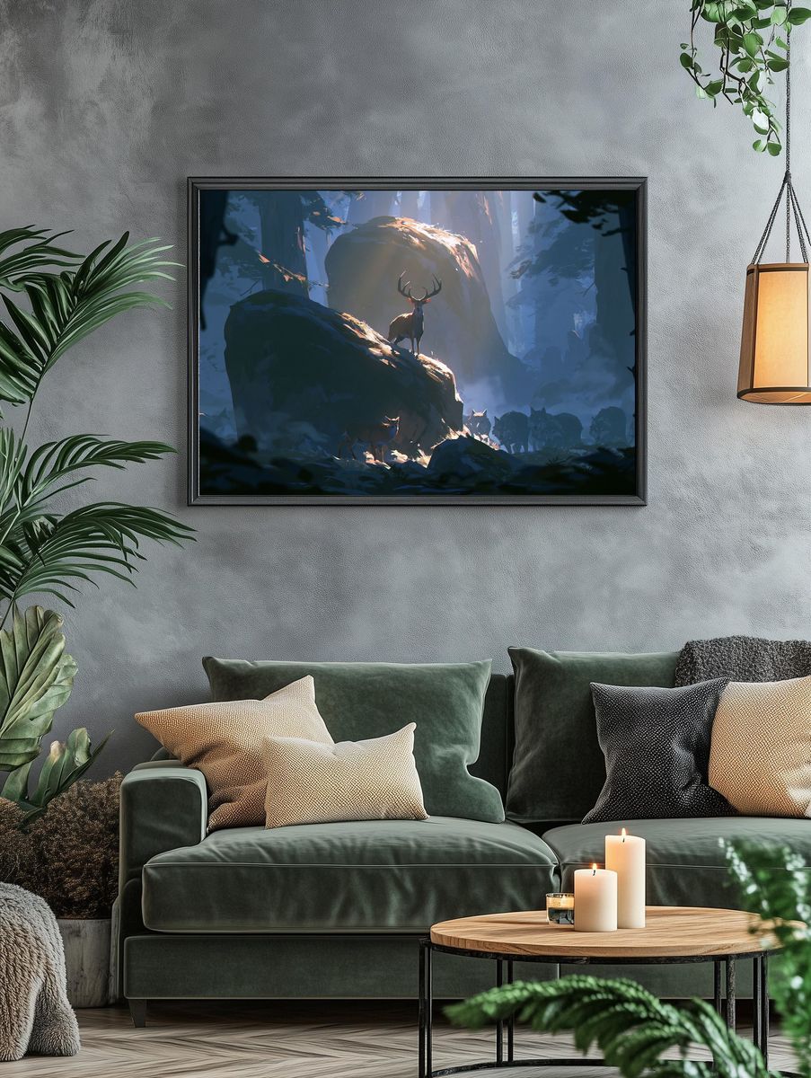 Deer in Misty Forest Illustration Poster. — room view 4