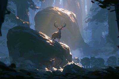 Deer in Misty Forest Illustration Poster.