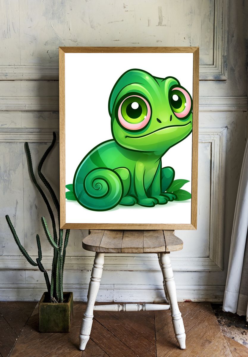 Cute Green Chameleon Cartoon Poster. — room view 1