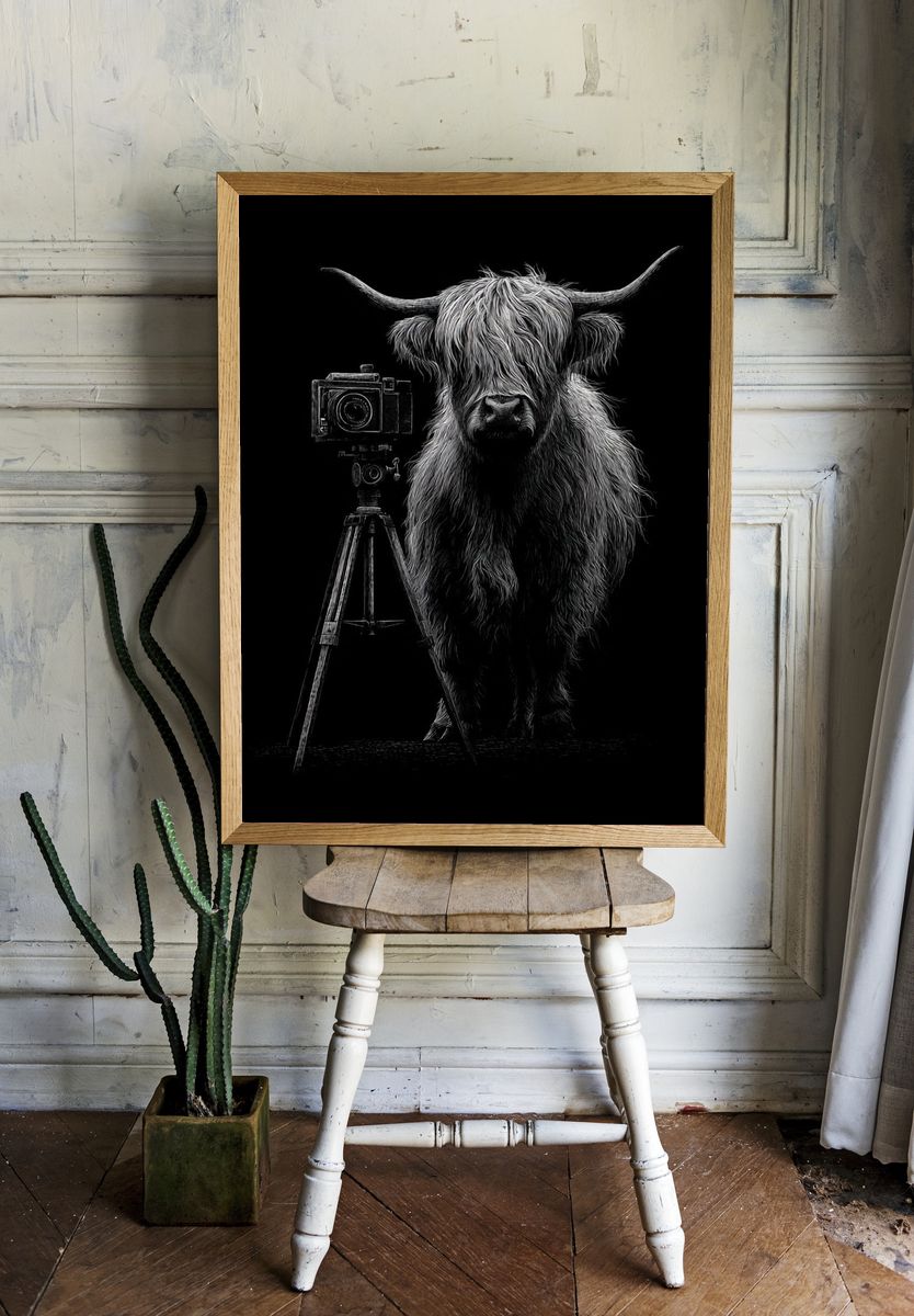 Highland Cow Camera Portrait Print. — room view 1