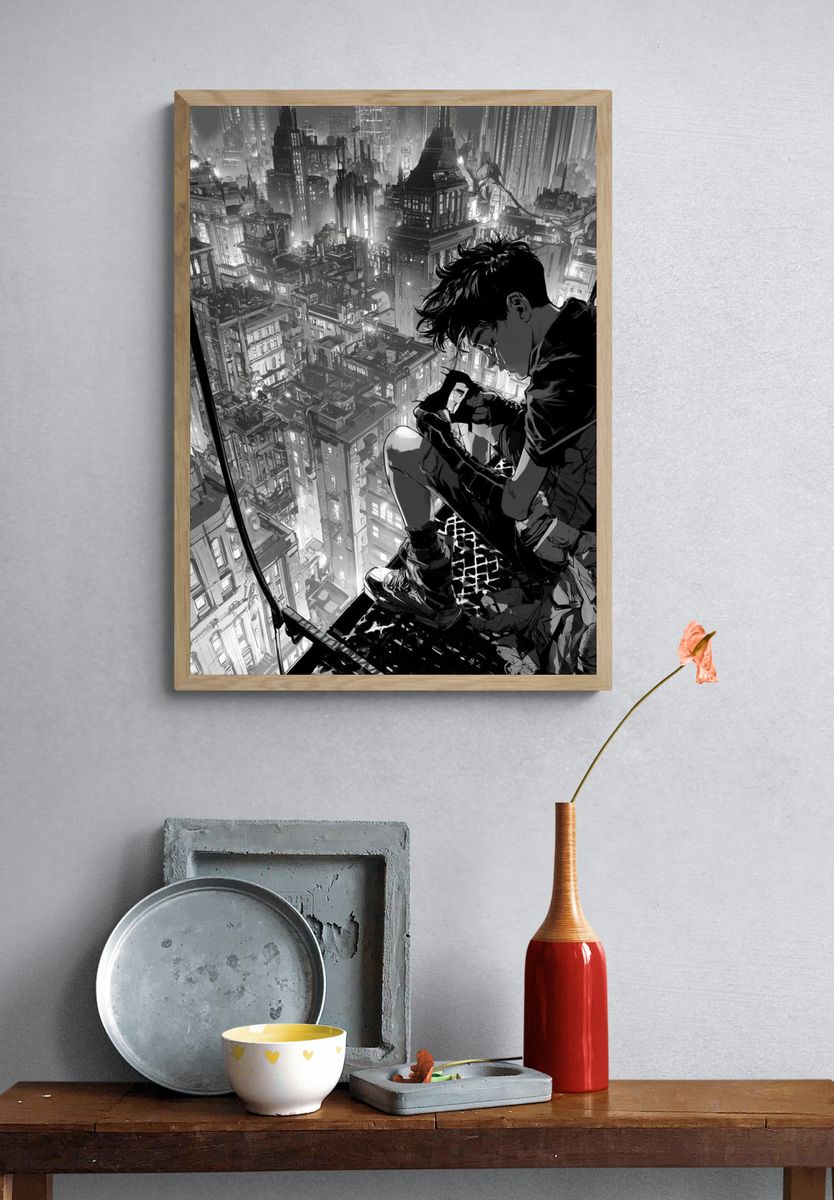 Cyberpunk Cityscape Manga Poster. — room view 3