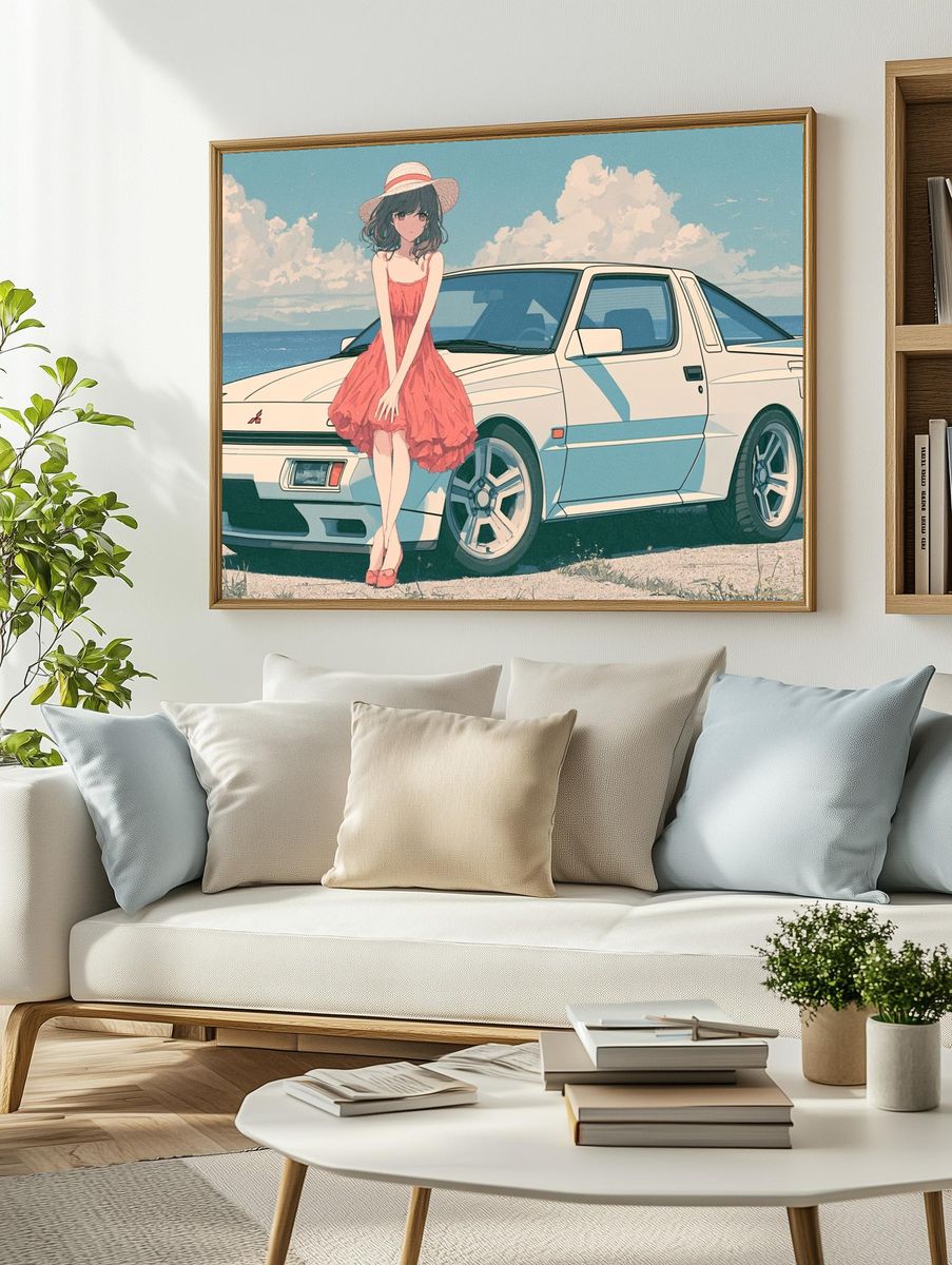 Seaside Anime Car Girl Poster. — room view 2