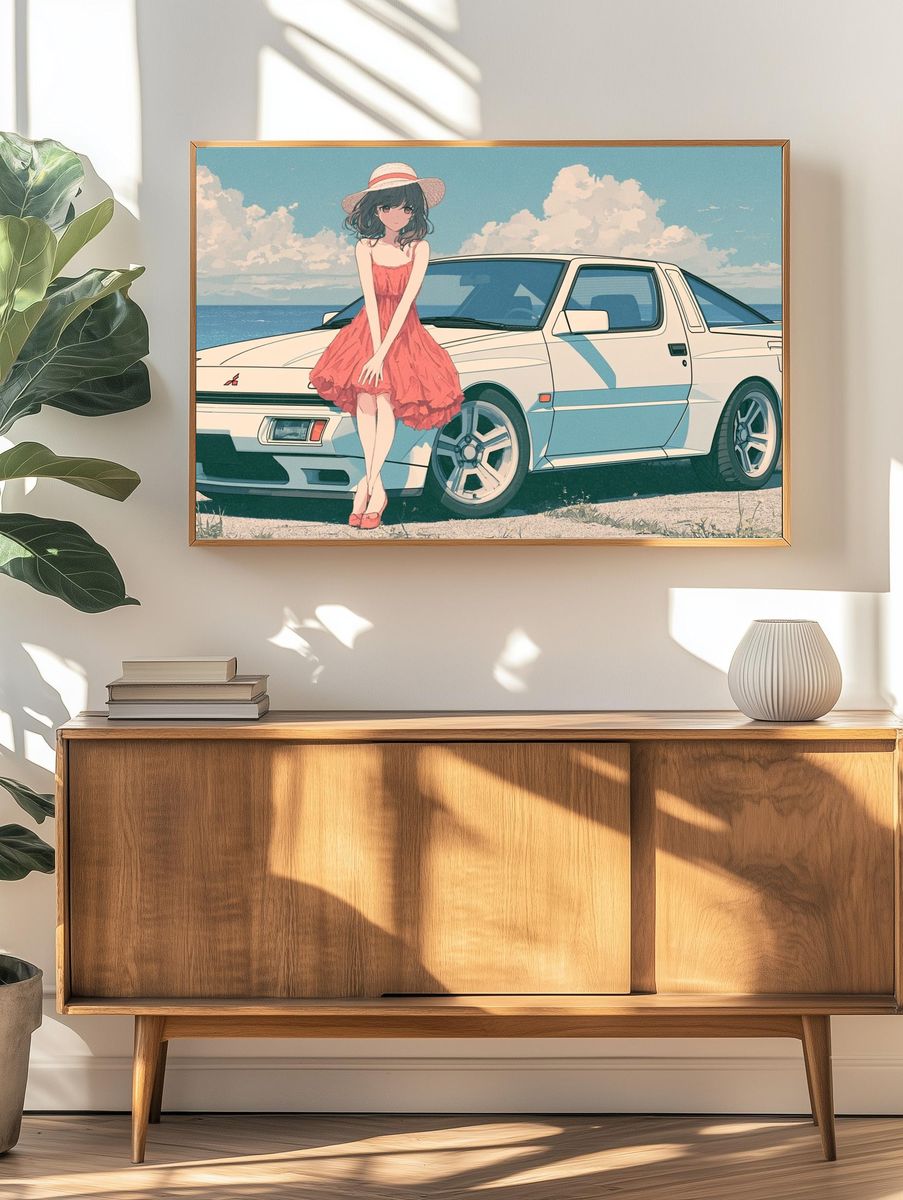 Seaside Anime Car Girl Poster. — room view 3