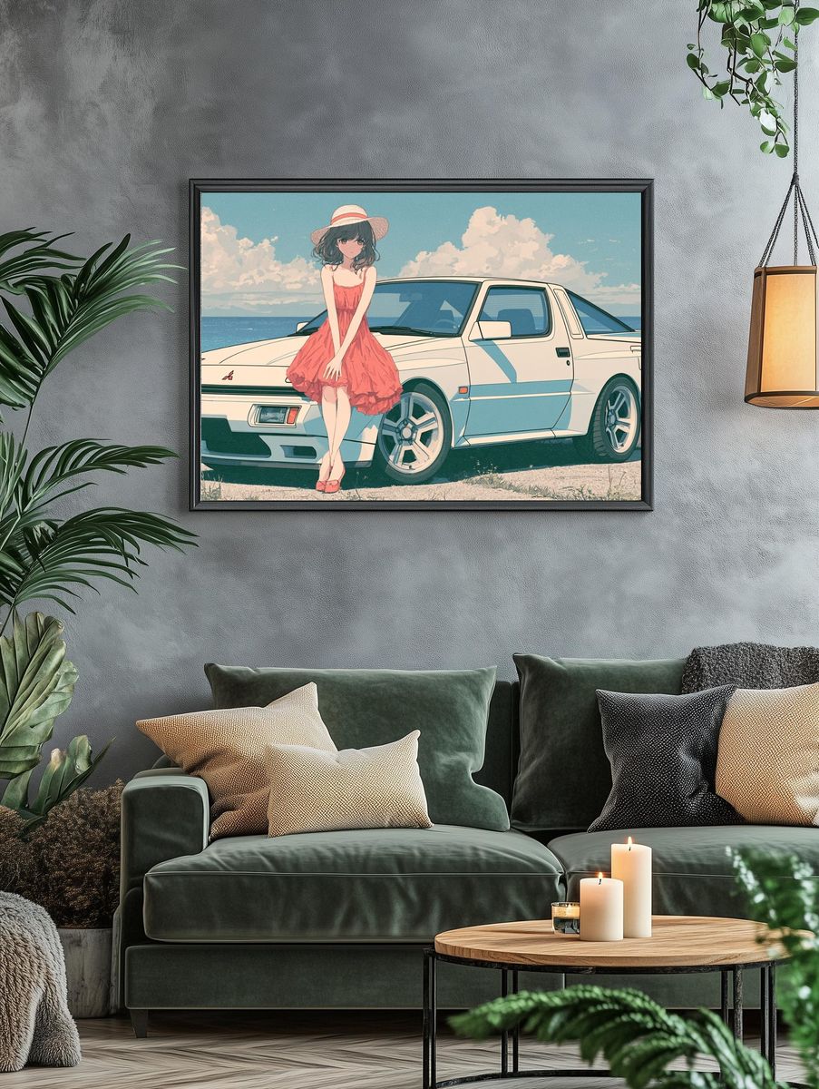 Seaside Anime Car Girl Poster. — room view 4