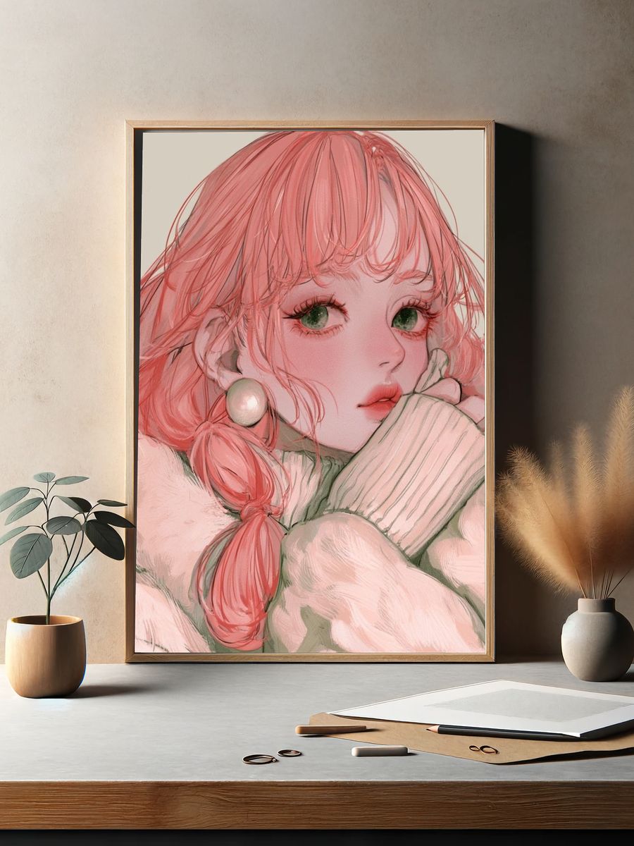 Pink-Haired Girl Illustration Poster. — room view 2