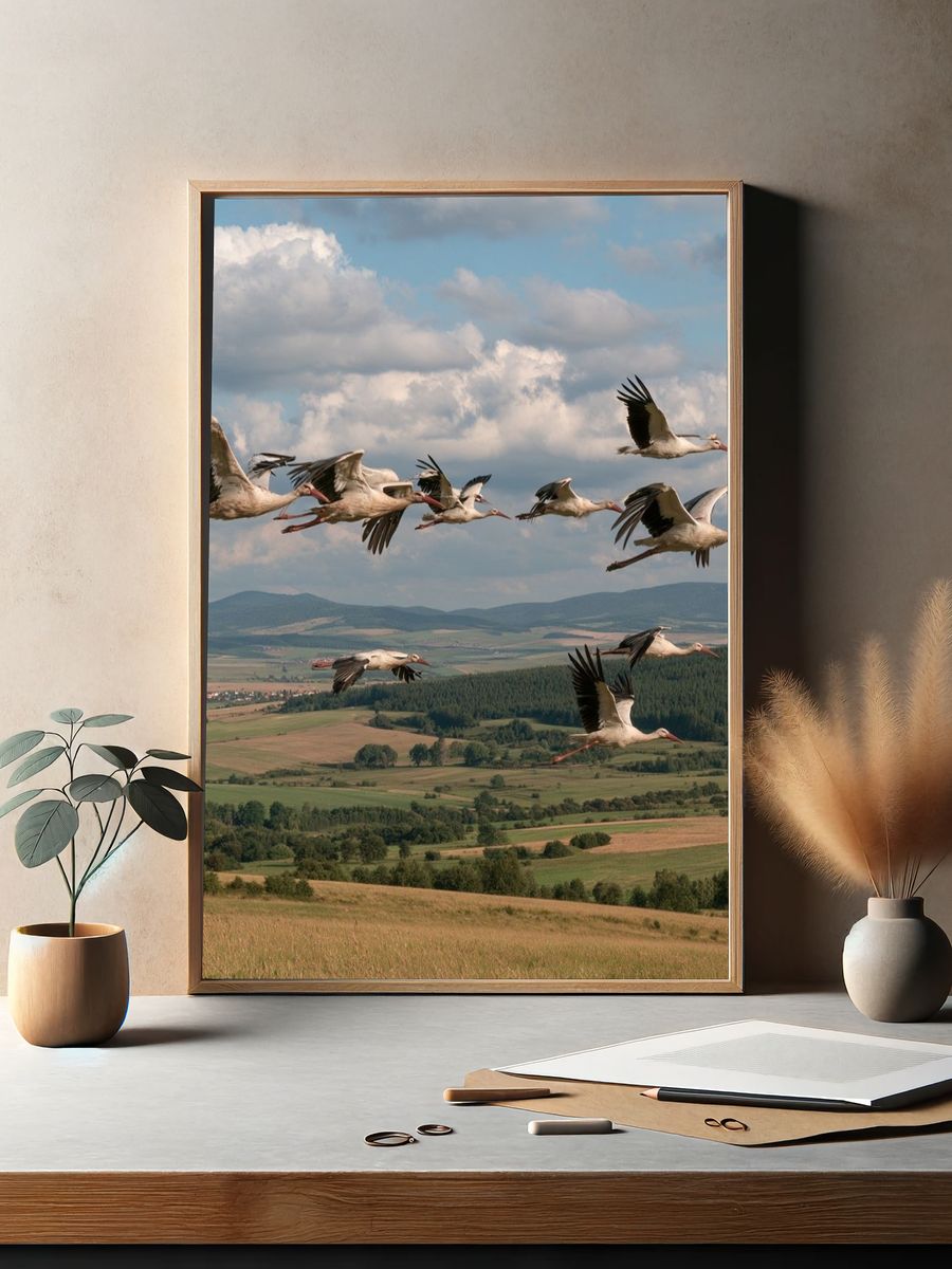 Flying Storks Over Countryside Poster. — room view 2