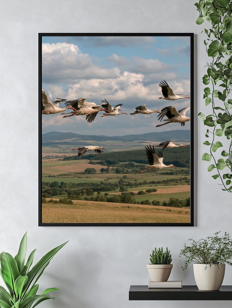 Flying Storks Over Countryside Poster. — room view 4