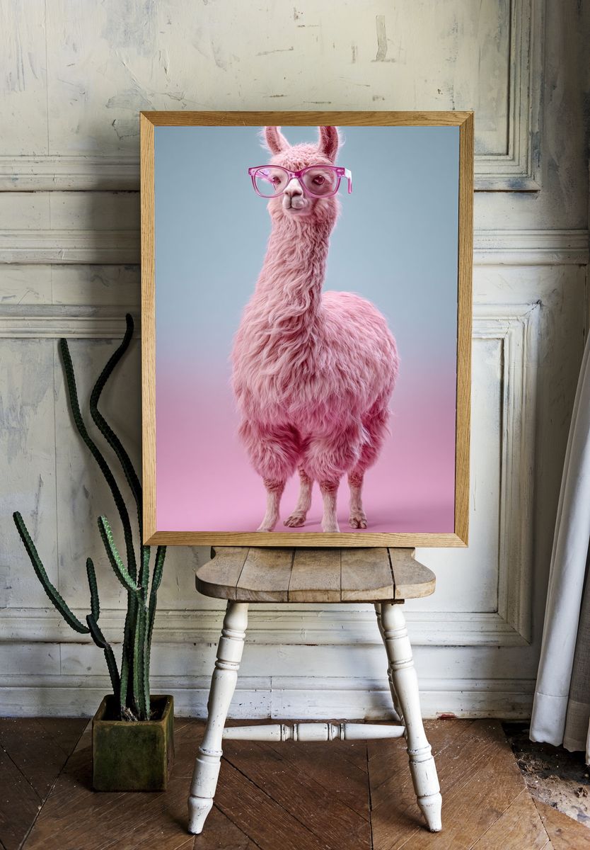 Pink Llama with Glasses Poster room preview