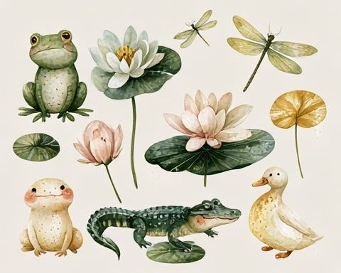 Watercolor Frogs and Lotus Print. poster detail