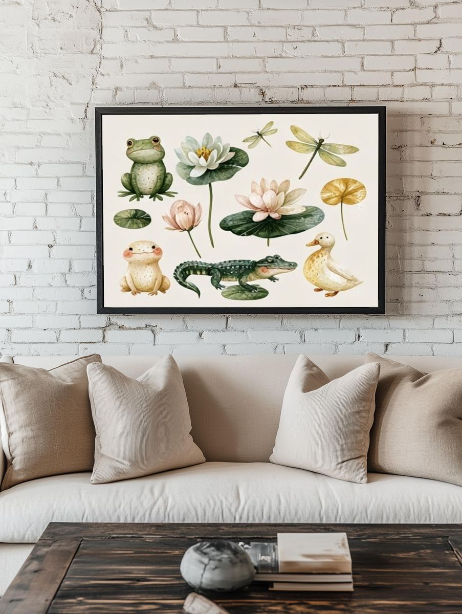Watercolor Frogs and Lotus Print. — room view 1