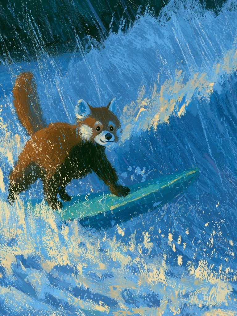 Surfing Red Panda Illustration Poster. poster detail
